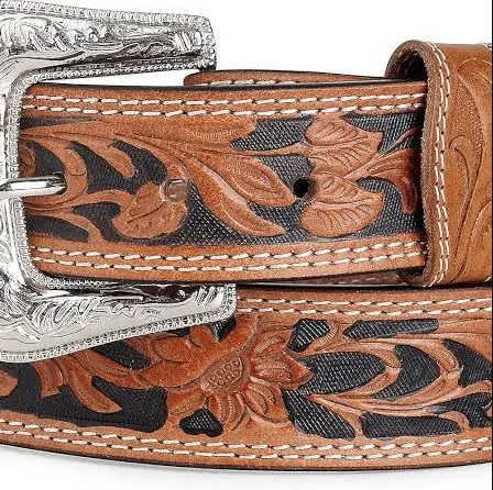 Embossed Leather Belt - With Western Style Buckle - Brown - Greenwood Leather
