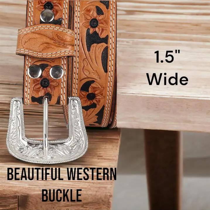 Embossed Leather Belt - With Western Style Buckle - Brown - Greenwood Leather