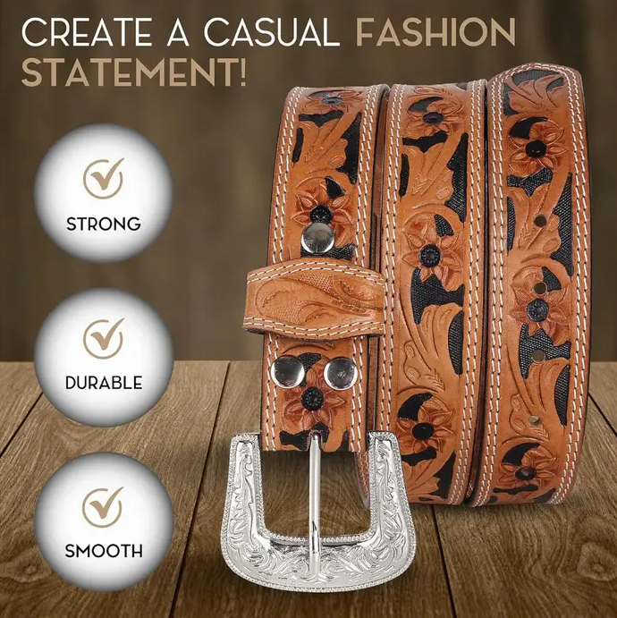 Embossed Leather Belt - With Western Style Buckle - Brown - Greenwood Leather