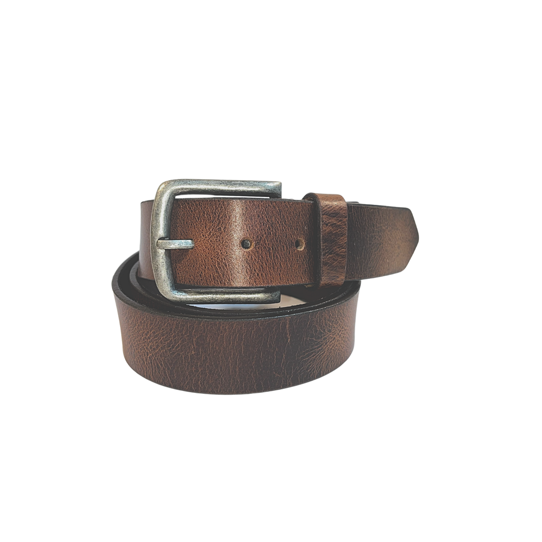 Leather Brown Belt with Vintage Silver Buckle Jeans - L - Greenwood Leather